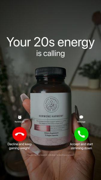This ad features a dietary supplement bottle held in hand, framed by a smartphone incoming call UI with binary choices.